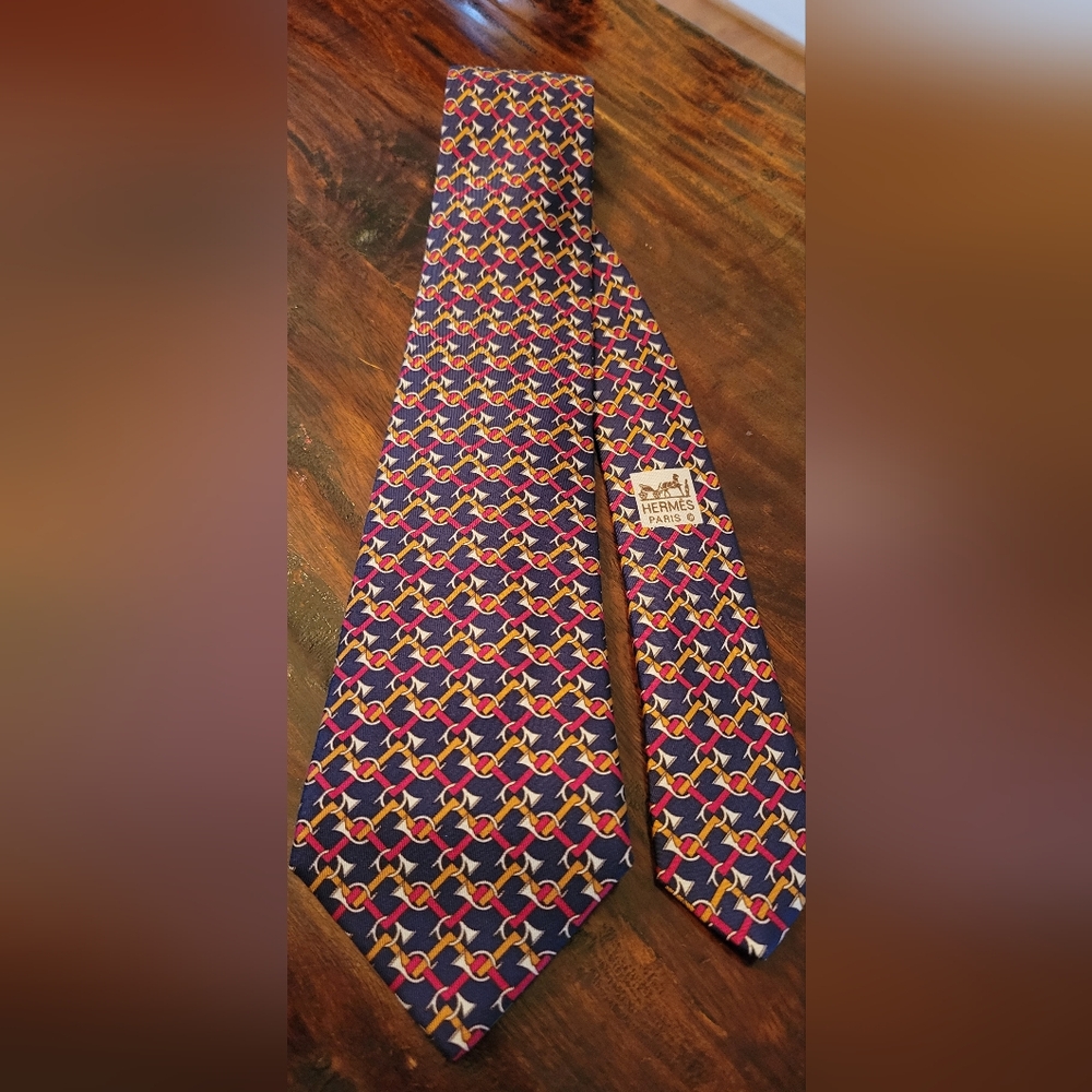 VINTAGE HERMÈS Silk Blue Tie French Horn Print Musical Instrument 7039 TA